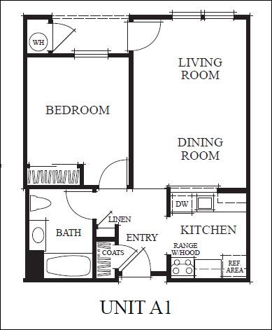 Floor plan for 1 bed, 1 bath, 626 sqft